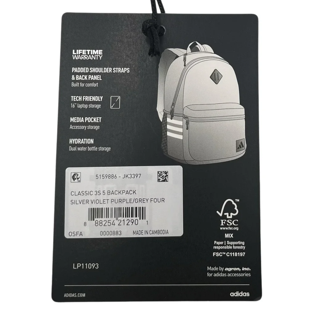 Adidas Classic 3S 5 Girls School Backpack Fits 16" Laptop Silver Violet Purple - Picture 12 of 12